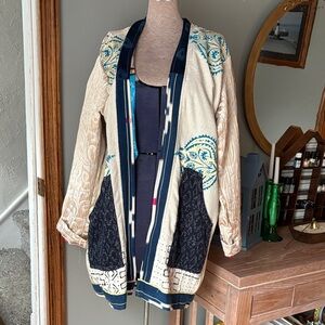 Moroccan Bohemian Patchwork Jacket - Cream and Blue